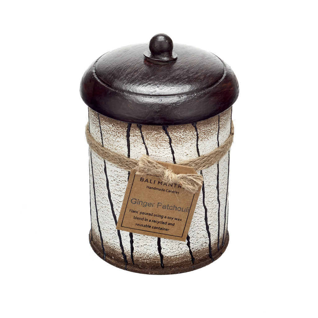 Striped Spice Tin Candle - Wooden Lid - Ginger & Patchouli Fragrance