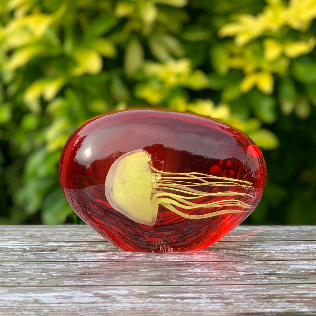 Yellow Jellyfish in Red Glass Ornament