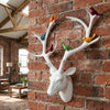 White Deer Head with Coloured Birds | Contemporary Wall Sculpture