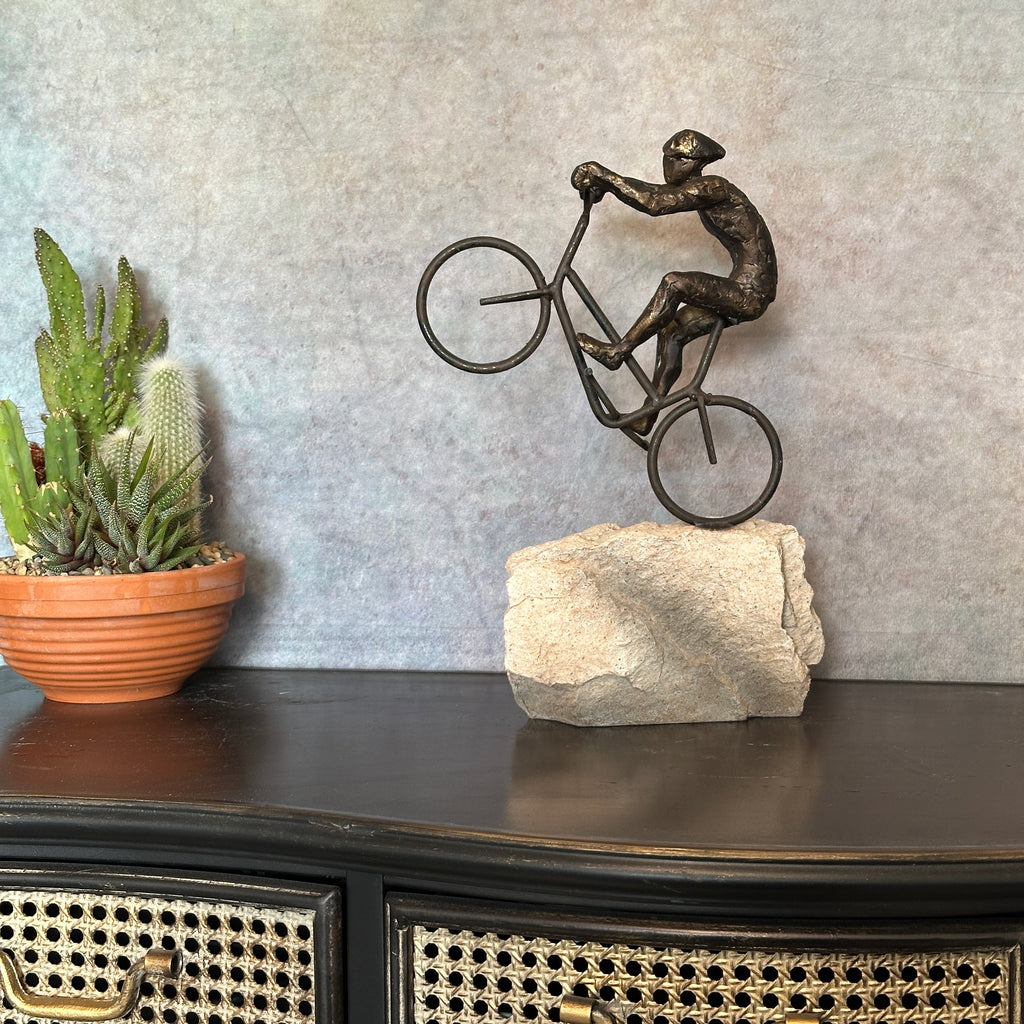 Rock Hopper Cyclist Sculpture – Bronze-Colored Dynamic Design