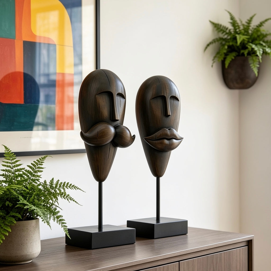 La Moustache & La Lips – Set of Two Wooden Effect Sculptures