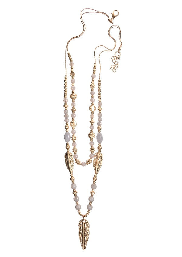 Double with Feather Charm & Stone Beads Necklace - Matt Gold/Grey