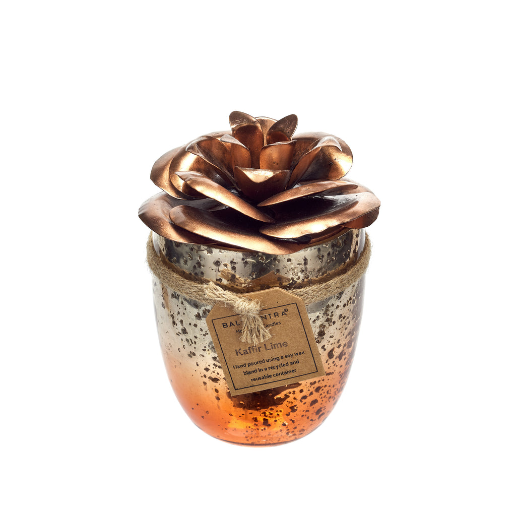 Glass Candle - Copper Camellia Flower - Citrus Fruit Kaffir Lime Fragrance