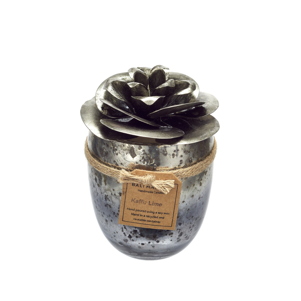 Glass Candle - Silver Camellia Flower -  Citrus Fruit Kaffir Lime Fragrance