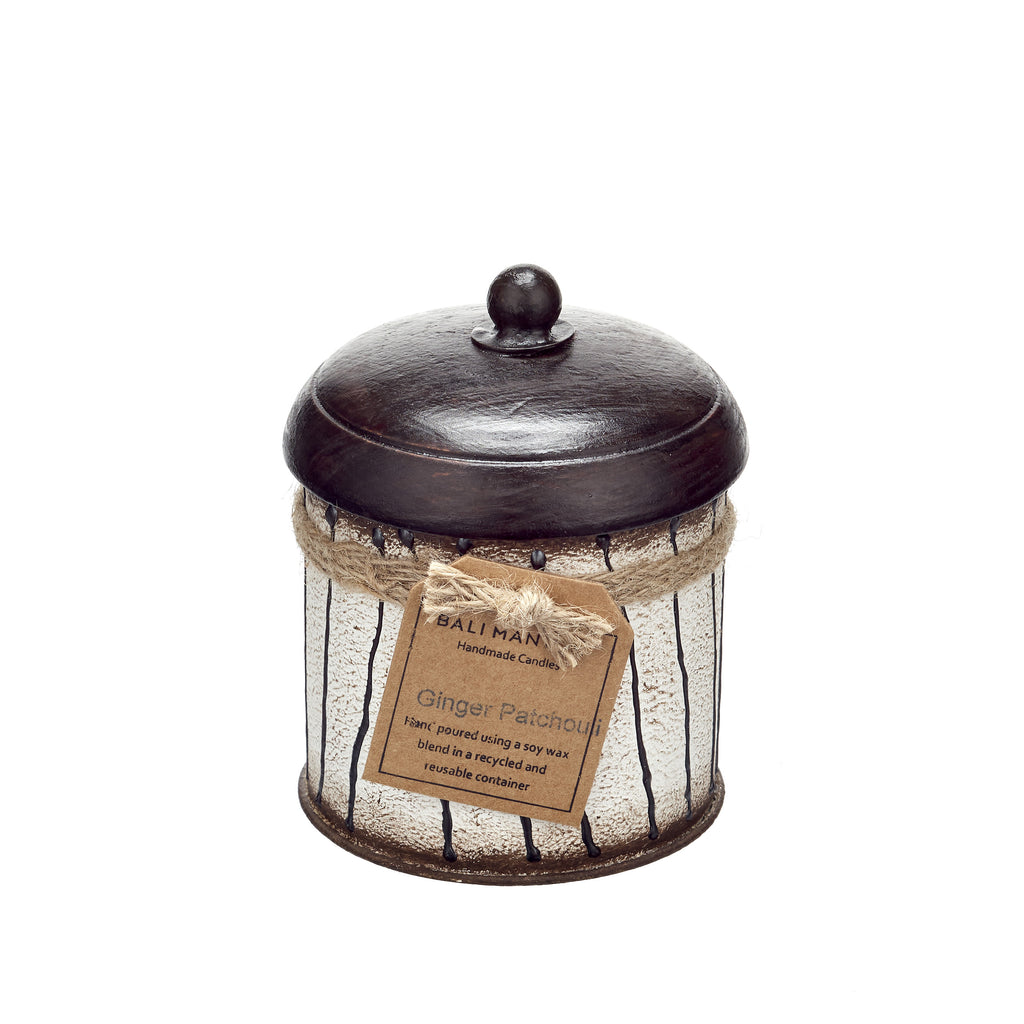 Striped Mini Tin Candle - Wooden Lid - Ginger & Patchouli Fragrance