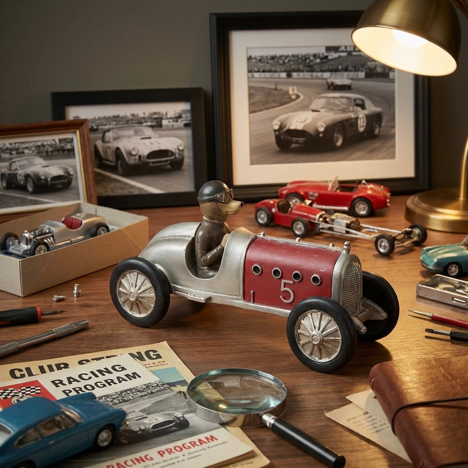 Dog Driving Retro Vintage Car Figurine