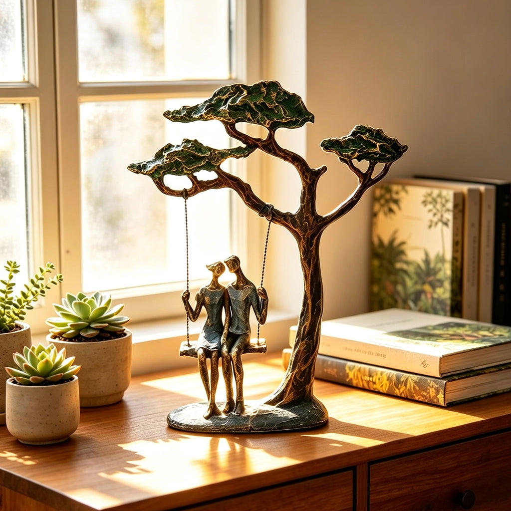 Couple on a Swing Sculpture | Contemporary Bronze Resin Statement Sculpture For Stylish Interiors