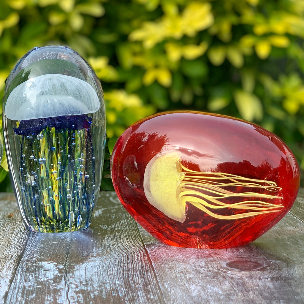Yellow Jellyfish in Red Glass Ornament