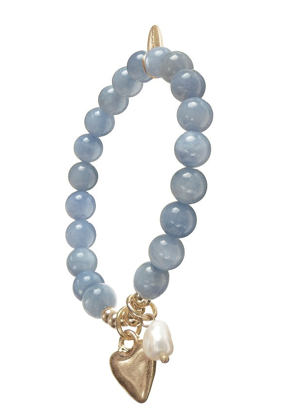 Stone Beads with Heart & Pearls Drop Bracelet - Blue/Gold