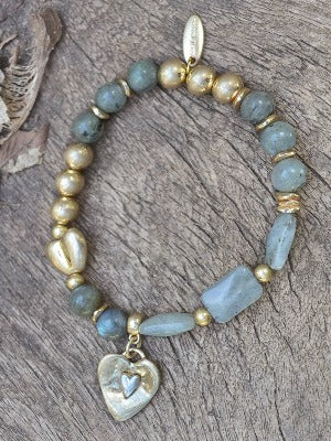 Heart Charm Bracelet with Blended Stones - Worn Gold
