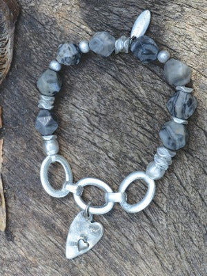 Captured Heart Chain Bracelet, Stone Beads - Worn Silver