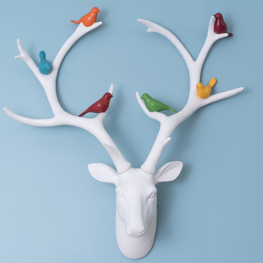 White Deer Head with Coloured Birds
