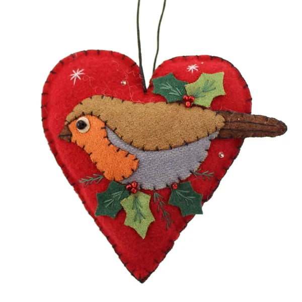 Christmas Felt Robin Heart Shaped Hanging Decoration