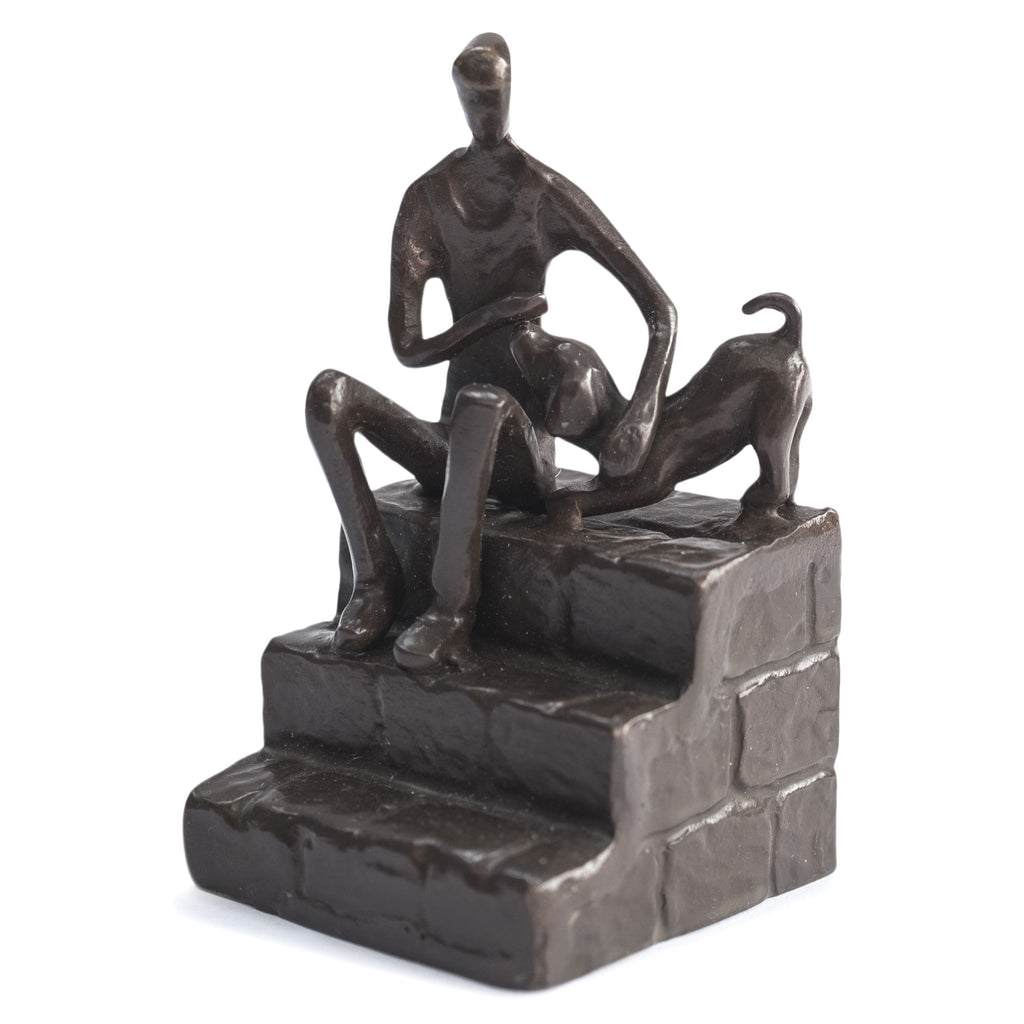Solid Bronze Sculpture - Man and Dog on Steps