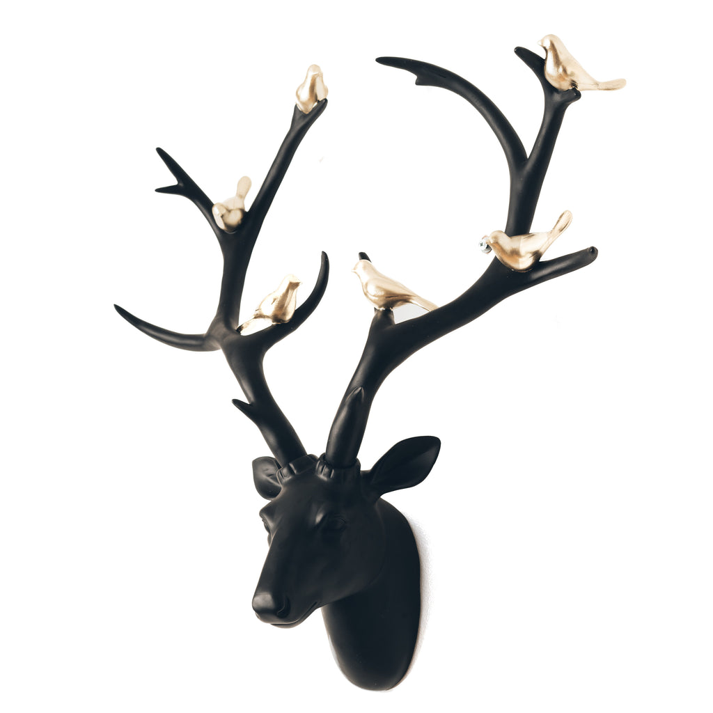 Black Stag Head with Gold Birds