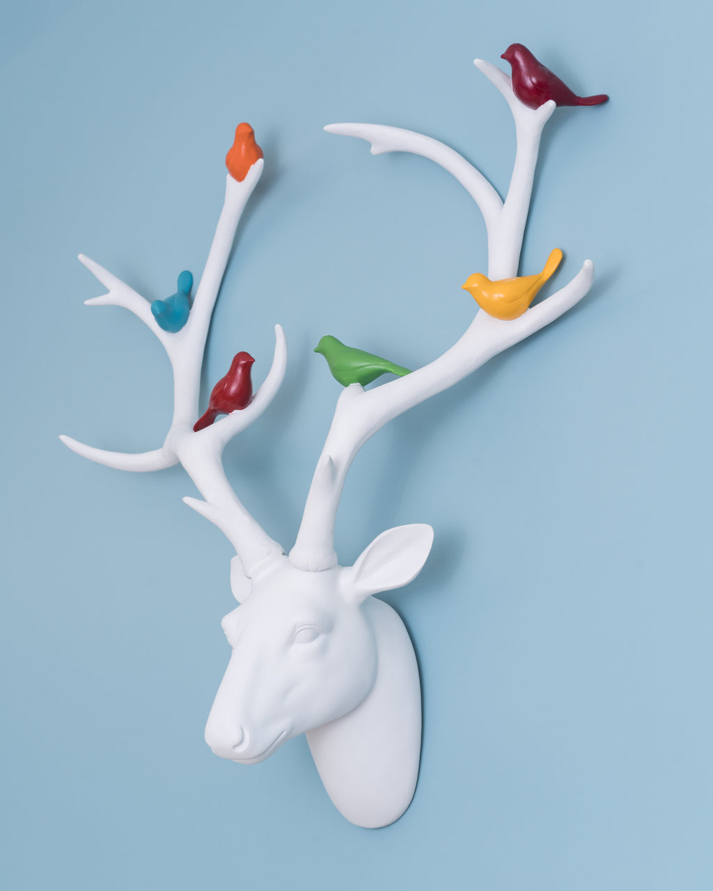 White Deer Head with Coloured Birds