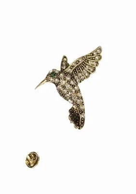 Hummingbird Hovering Brooch- Antique Gold with Clear Crystals