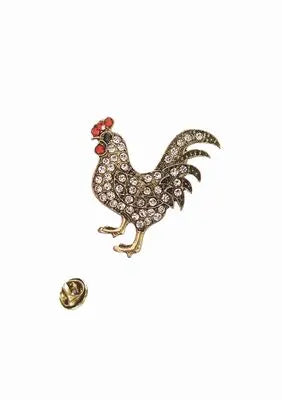 Cock-A-Doodle - Antique Gold / Clear / Vermillion - Brooch